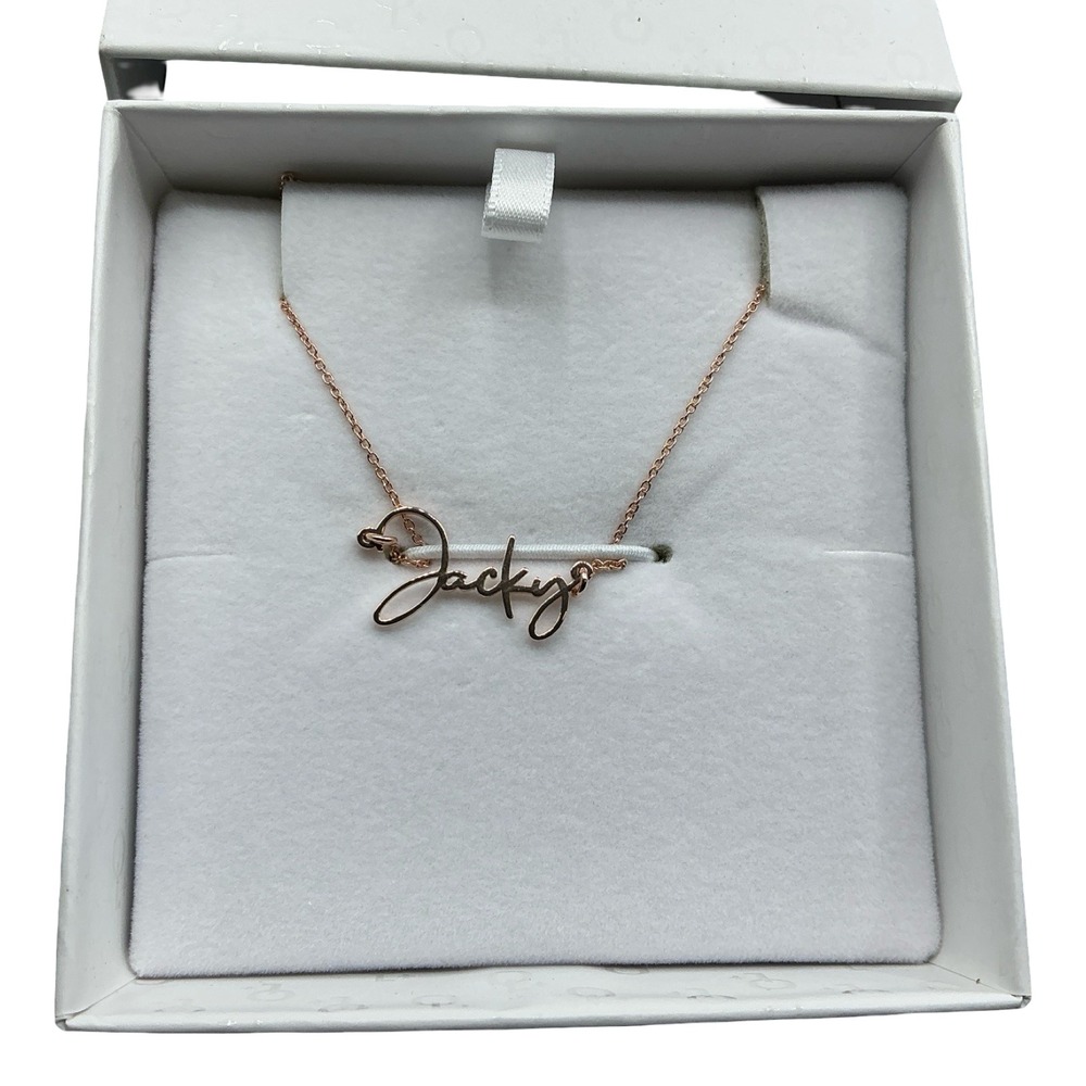 Oak and Luna Jacky Nameplate Necklace Rose Gold Tone Personalized Script 18 Inch